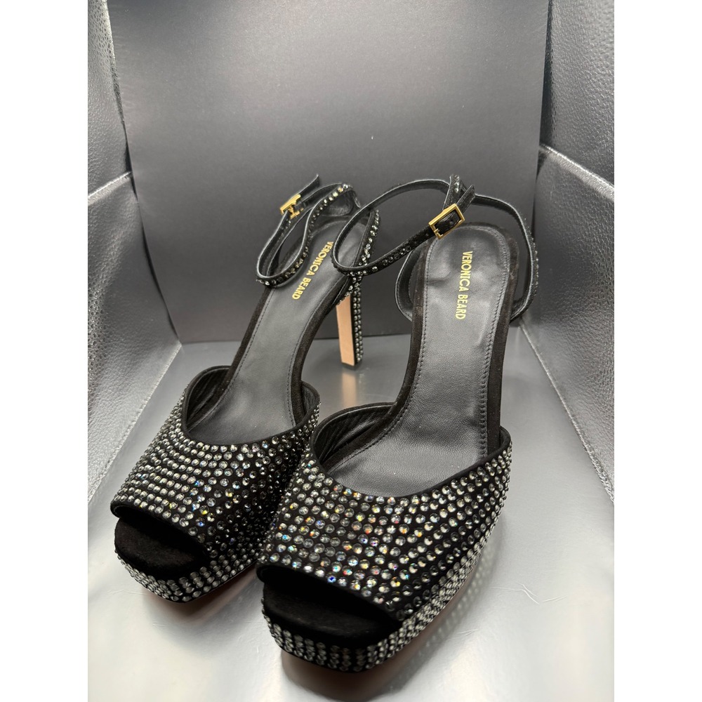 Veronica Beard Black Crystal Embellished Platform Sandals Peep Toe Heels 8M